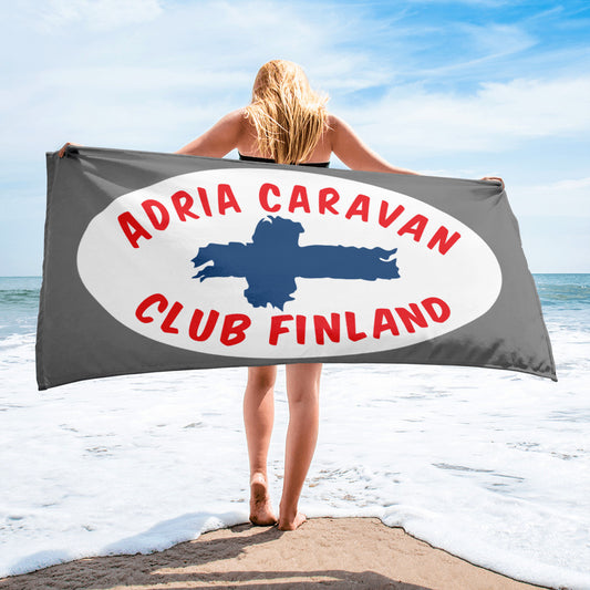 Iso harmaa pyyhe Adria Caravan Club Finland -logolla