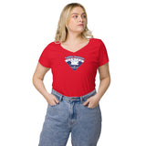 Naisten V-aukkoinen luomu T-paita SF-Caravan Vantaan logolla ja "Tallilla Tavataan!" tekstillä