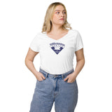 Naisten V-aukkoinen luomu T-paita SF-Caravan Vantaan logolla ja "Tallilla Tavataan!" tekstillä