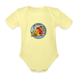 Vauvan lyhythihainen luomu-body SF-Caravan Helsingin etana-logolla - washed yellow