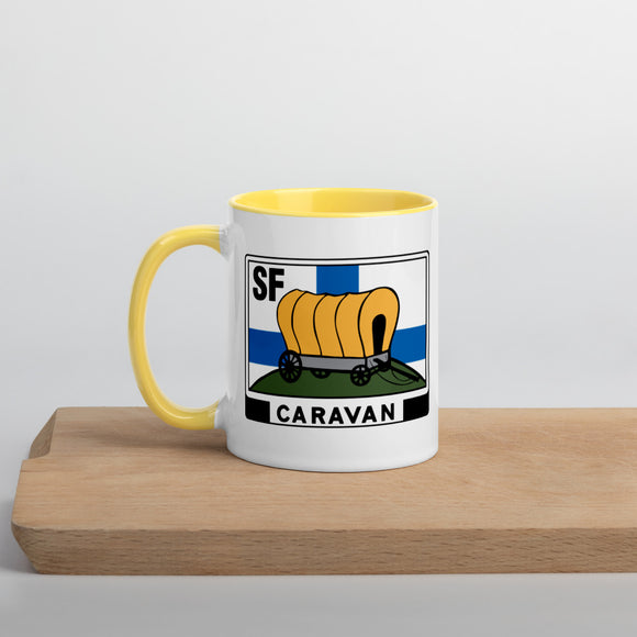 Kahvi- tai teekuppi SF-Caravan logolla, sisältä värillinen